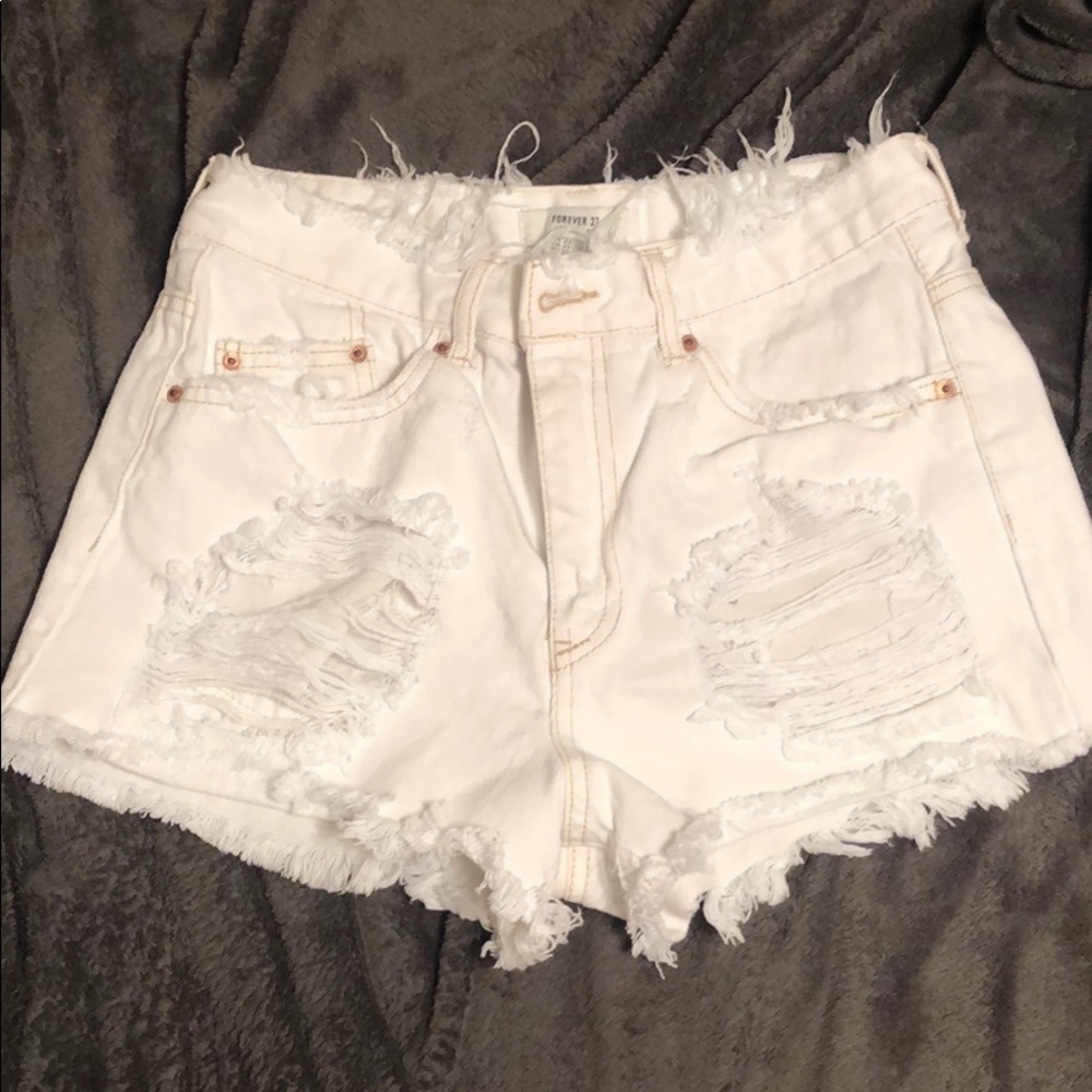 White distressed high rise shorts